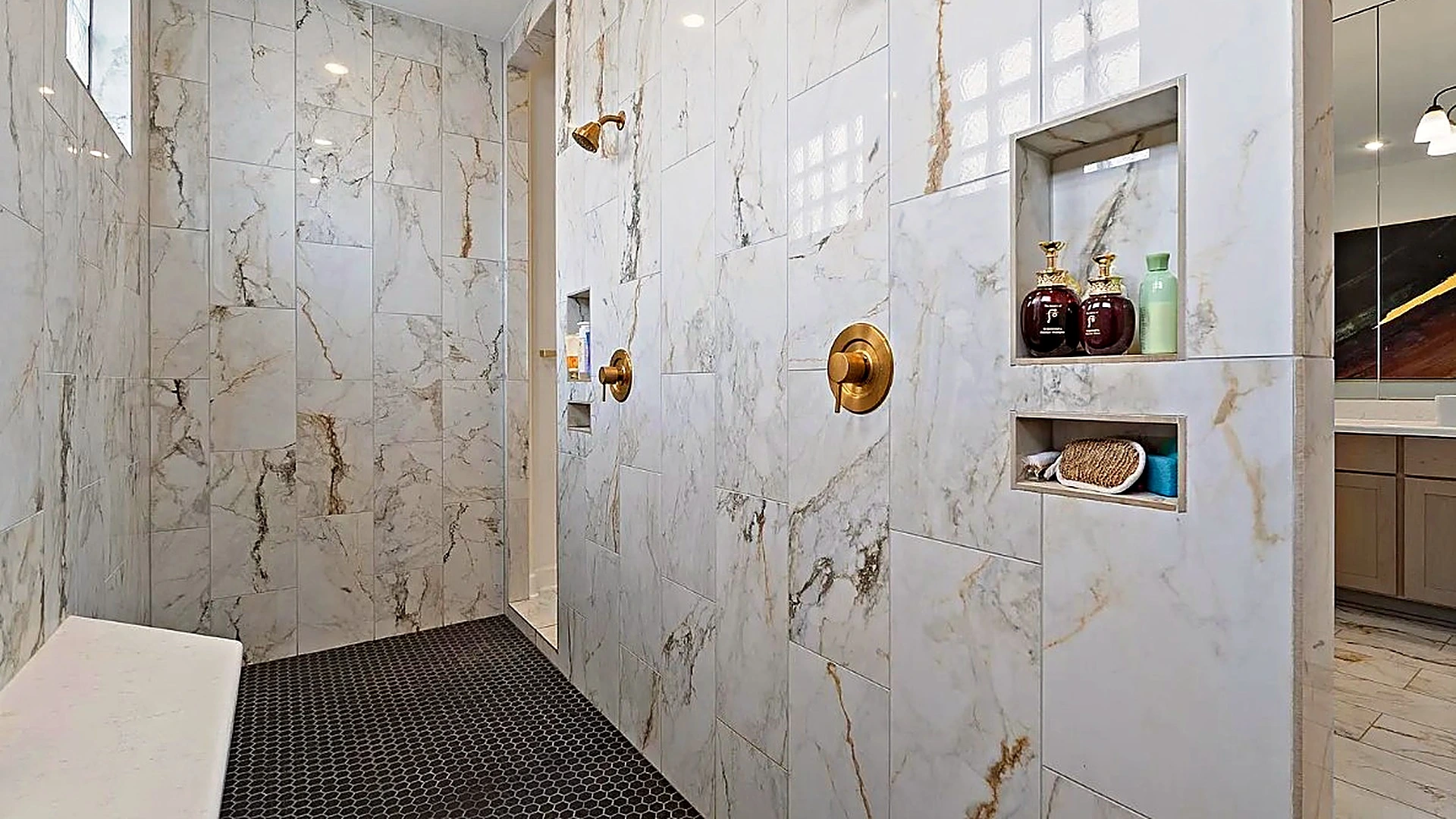 Finished primary bathroom remodel in The Woodlands, Texas, designed and built by Bager Remodeling.