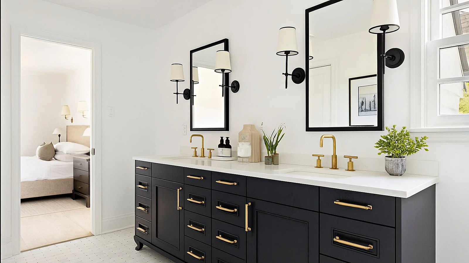 White subway tile walk-in shower with frameless glass enclosure, matte-black fixtures, and mosaic tile floor after tub remova